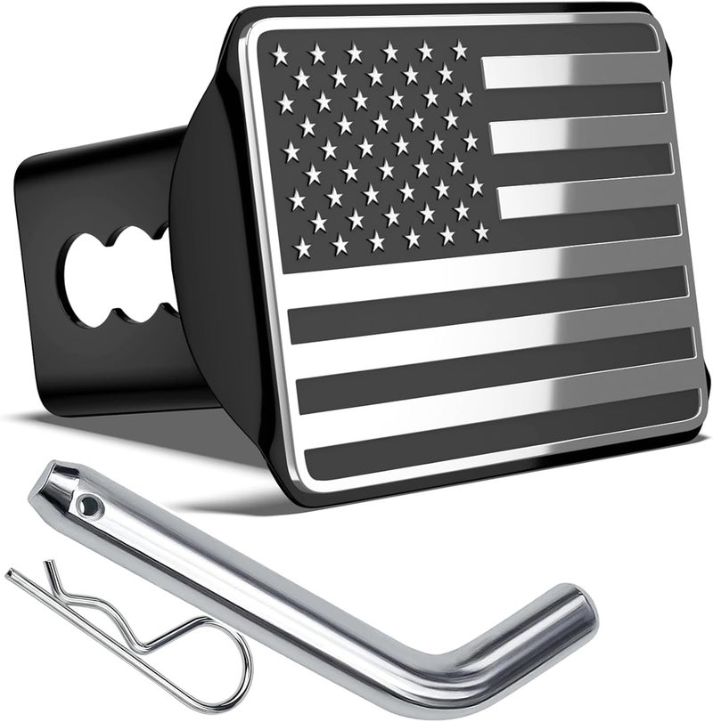 OGYE Heavy American Flag Metal Trailer Hitch Cover for 2 Inch Receivers (with Trailer Hitch Pin & Clip),Chrome - Image 1